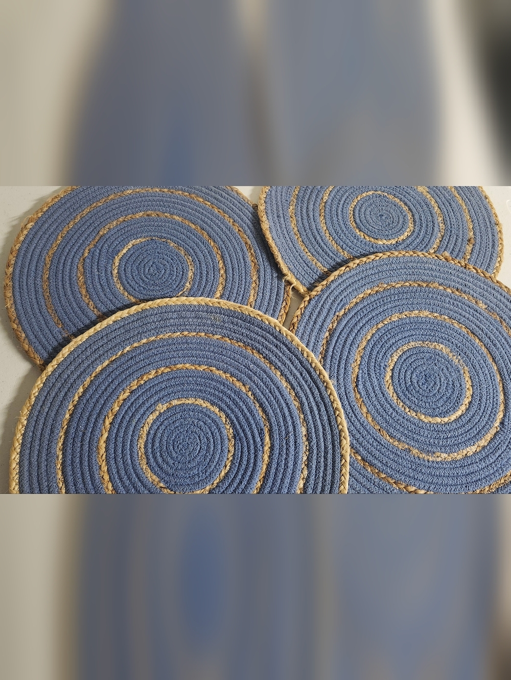Round Braided Placemats Set in Denim Blue and Natural